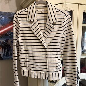 LOFT Women's Navy and Cream soft cotton Striped Blazer